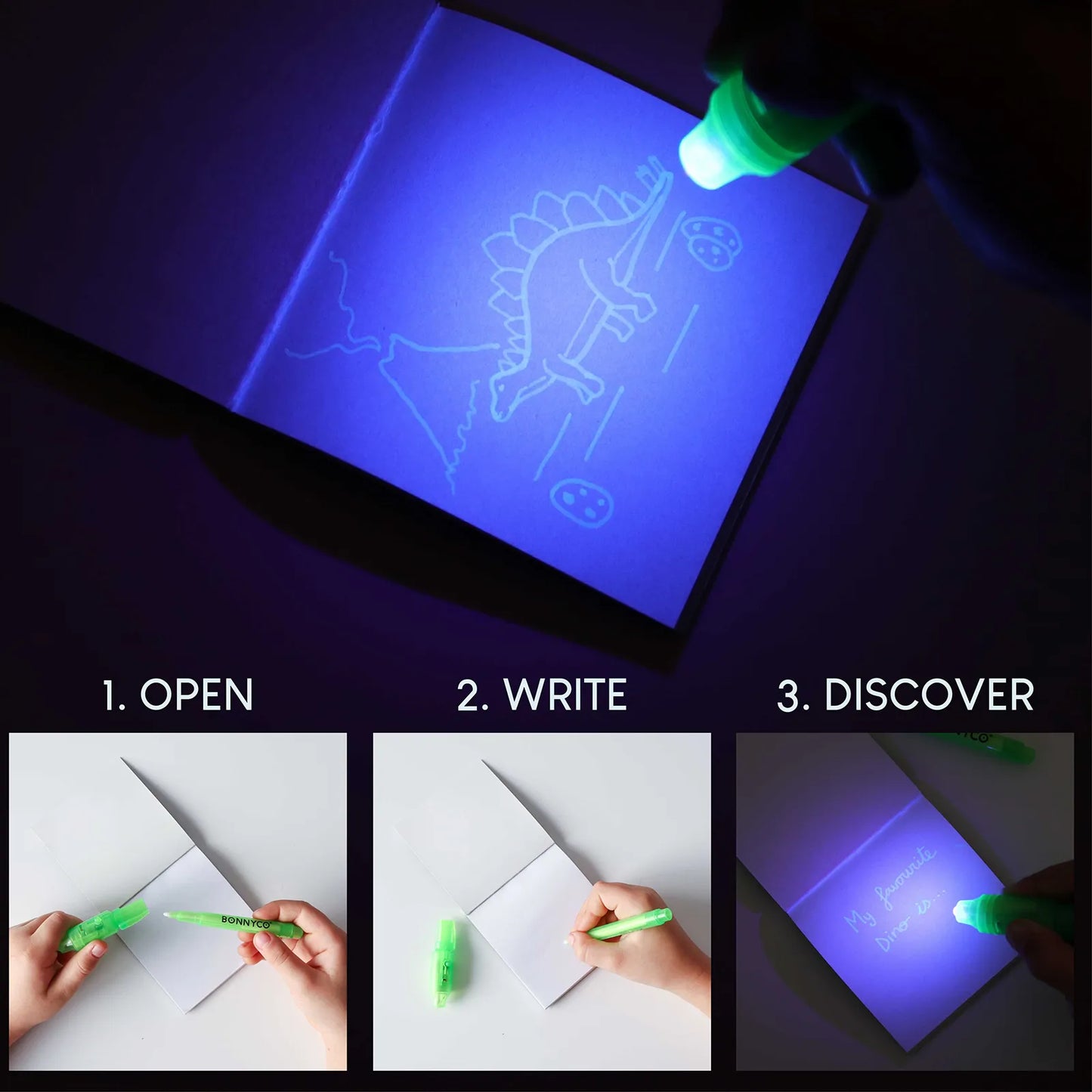 Cuadernos con Rotuladores de Tinta Invisible y Luz UV - Dinosaurios