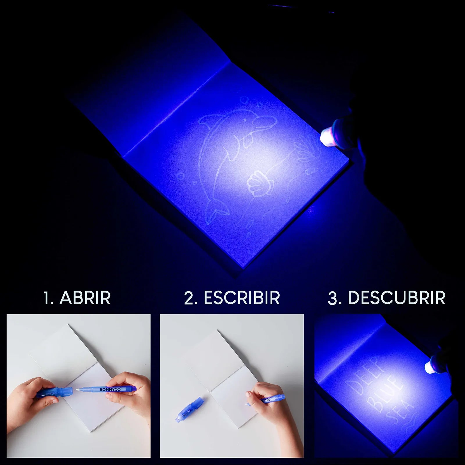 Cuadernos con Rotuladores de Tinta Invisible y Luz UV - Océano