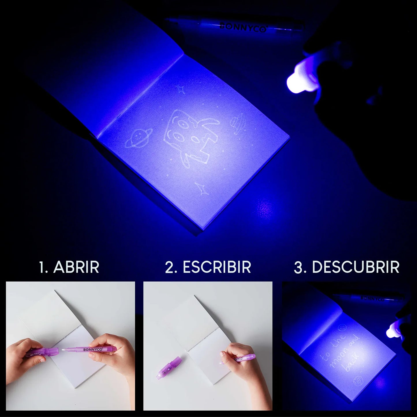 Cuadernos con Bolígrafos de Tinta Invisible y Luz UV - Espacio