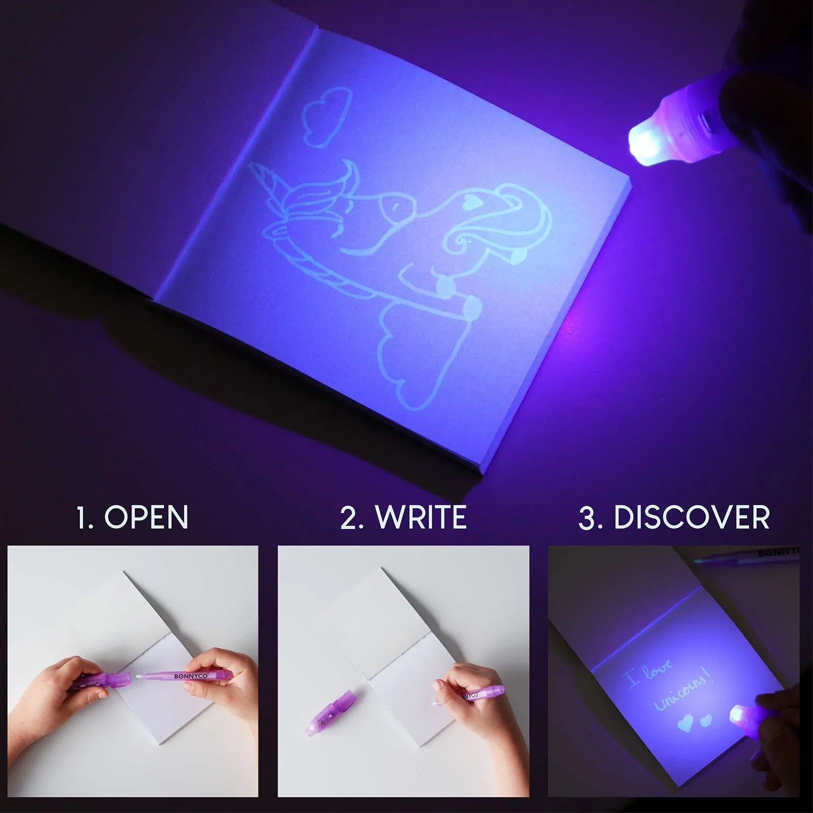 Cuadernos con Rotuladores de Tinta Invisible y Luz UV - Unicornios