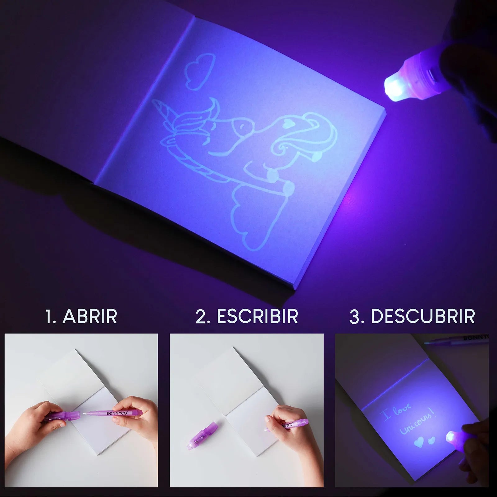 Cuadernos con Rotuladores de Tinta Invisible y Luz UV - Unicornios