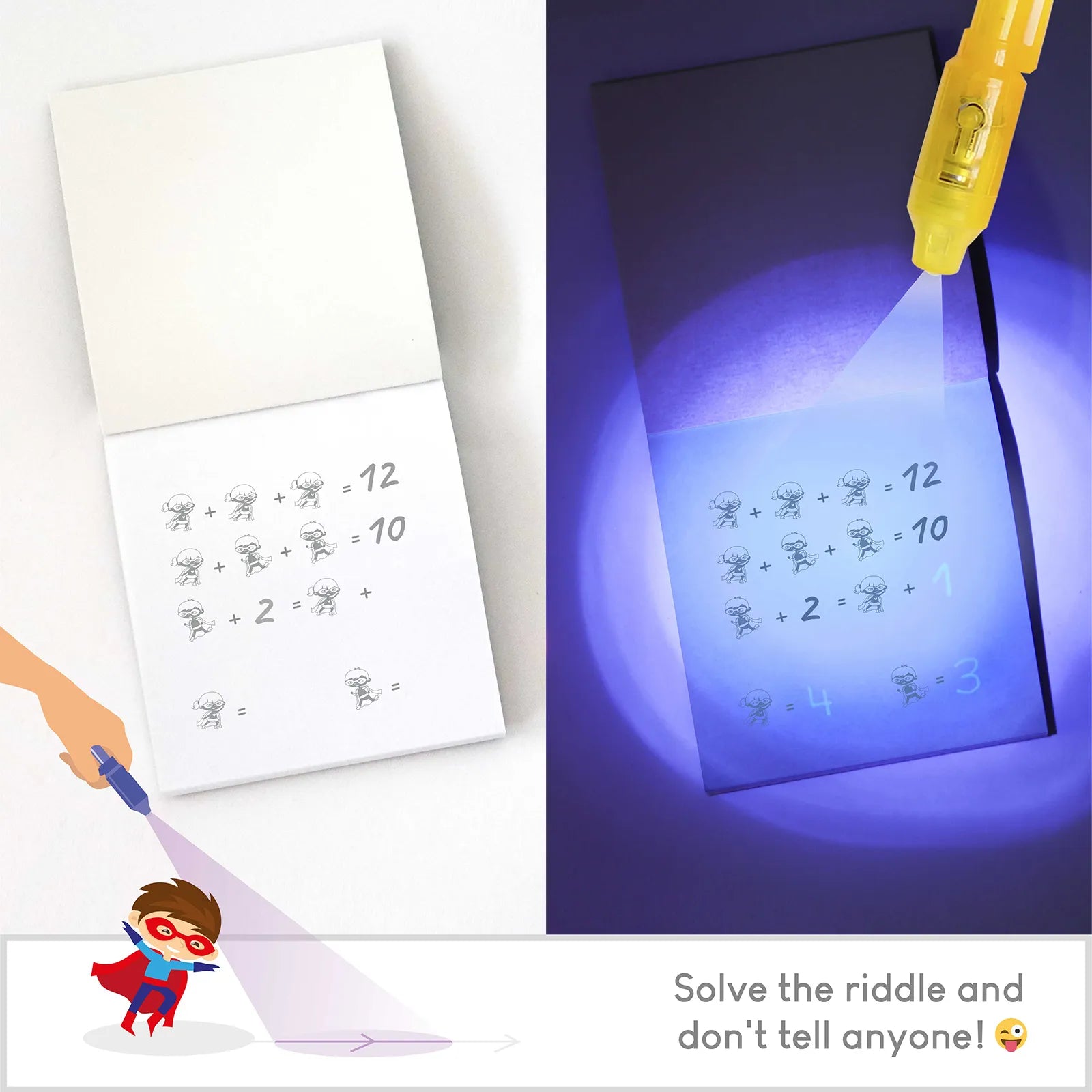 Cuadernos con Rotuladores de Tinta Invisible y Luz UV - Superhéroes