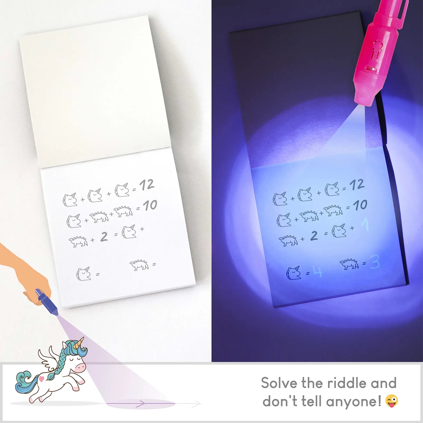 Cuadernos con Rotuladores de Tinta Invisible y Luz UV - Unicornios