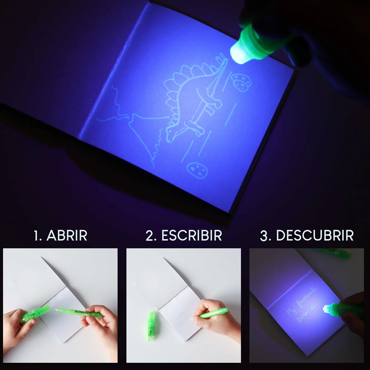 Cuadernos con Rotuladores de Tinta Invisible y Luz UV - Dinosaurios