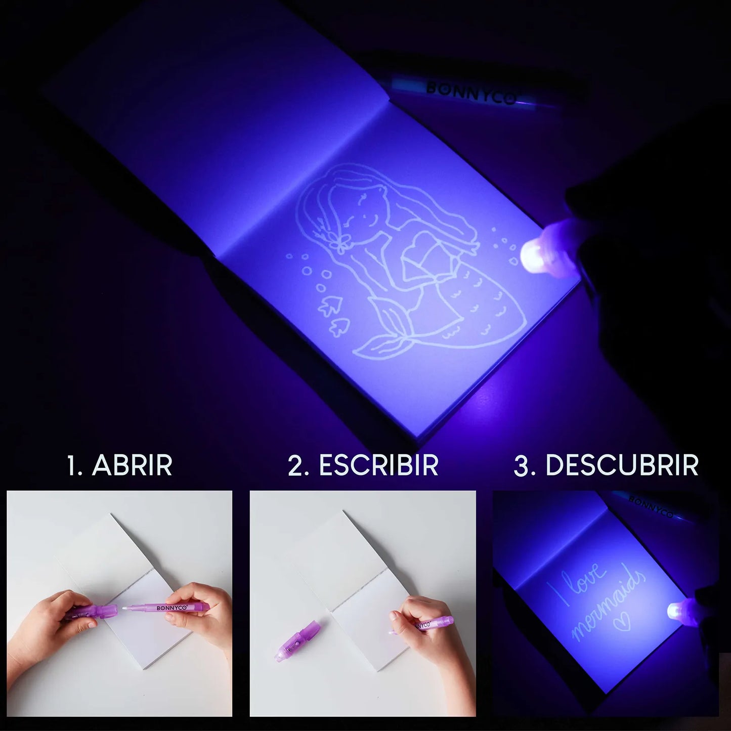 Cuadernos con Rotuladores de Tinta Invisible y Luz UV - Sirenas
