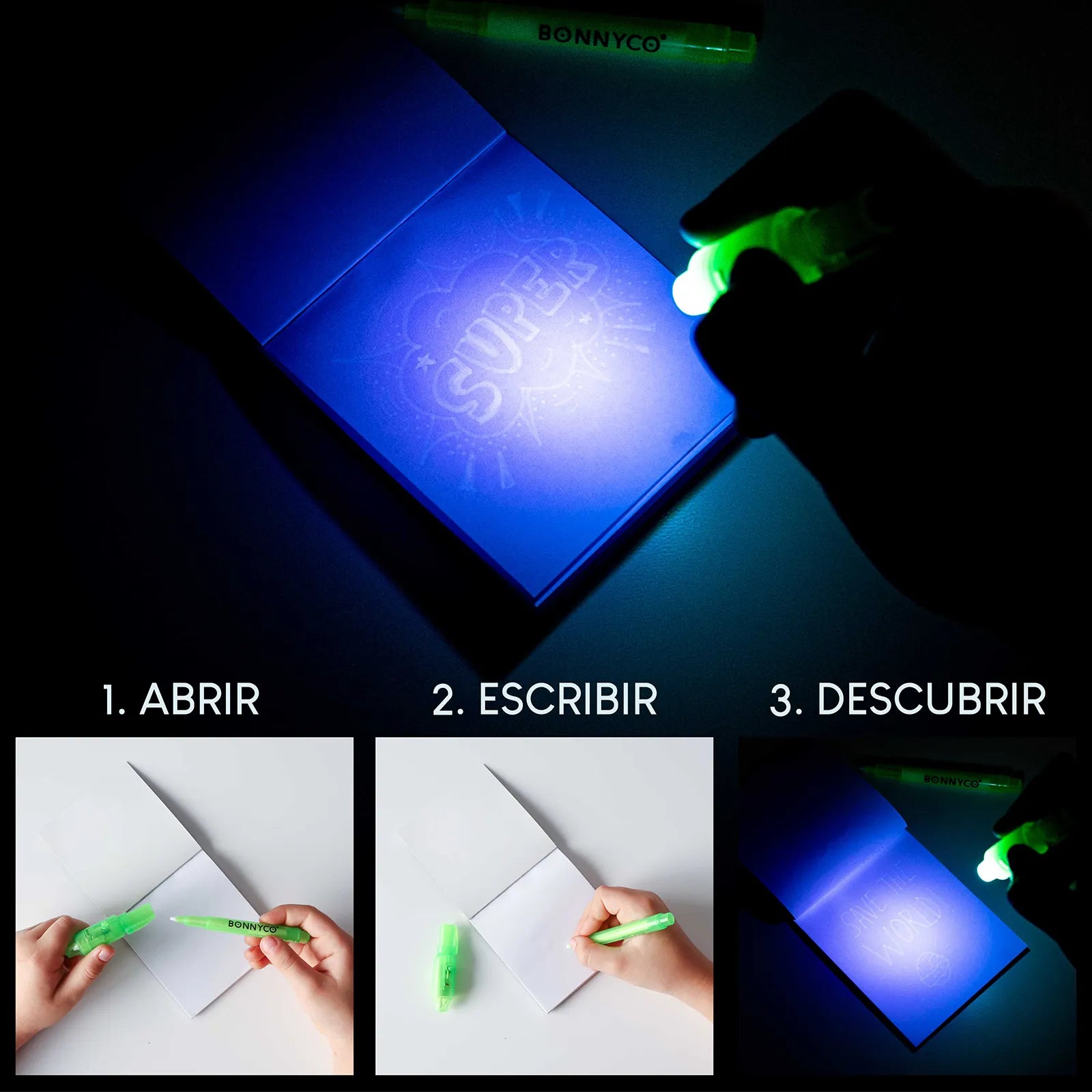 Cuadernos con Rotuladores de Tinta Invisible y Luz UV - Superhéroes